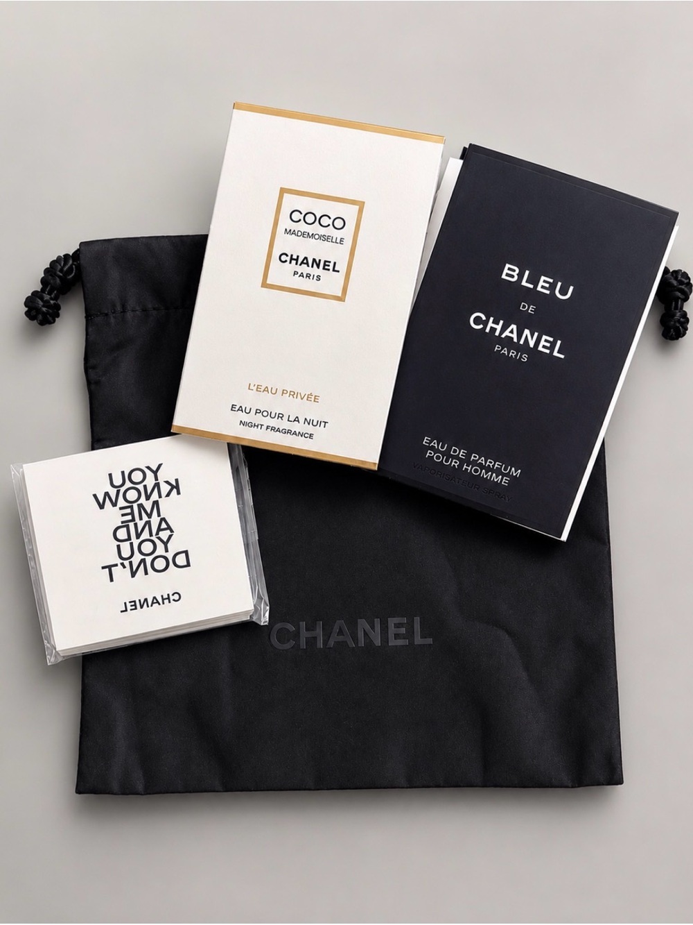 CHANEL Gift Set Pouch + No. 5 Limited Edition Tattoos + Coco Mademoiselle + Bleu